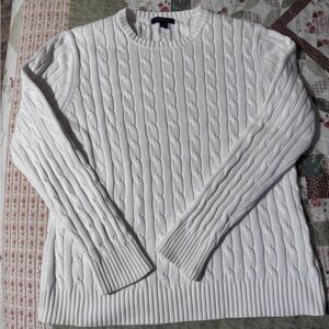 Lands' End White Cable-Knit Crewneck Sweater